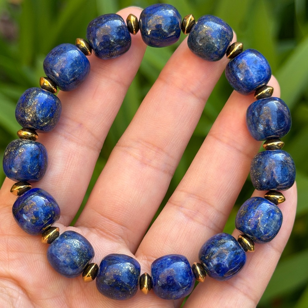 12mm stretchable‎ stainless steel lapis lazuli barrel bracelet 0770 - Picture 8 of 10